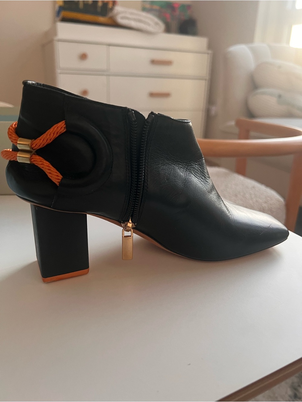 Gray Matters Black Leather Ankle Boot with Orange Rope Detail